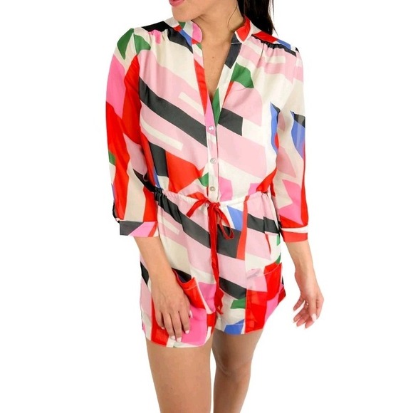 Lili Sidonio Pants - Lili Sidonio Geometric Print Drawstring Waist‎ Romper Pockets Size S